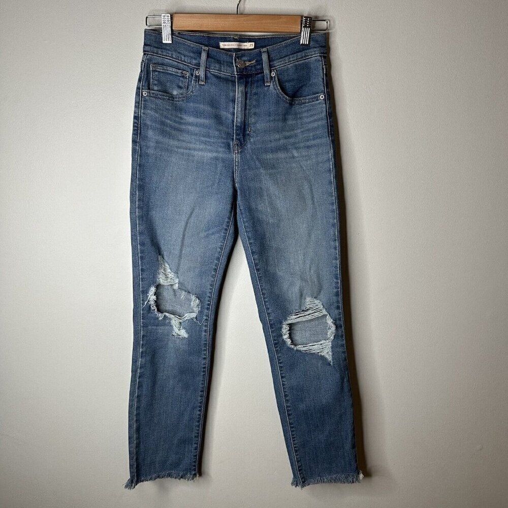 Levis Jeans Womens 724 High Rise Straight Crop Blue Stretch Denim Distressed 25‎